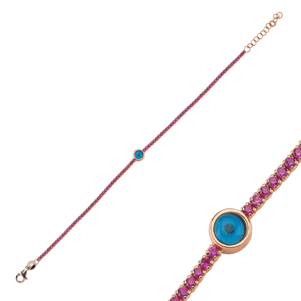 Trendy Pink Tennis Chain Evileye Bracelet 925 Crt Sterling Silver Gold Plated Handcraft Wholesale Turkish Jewelry