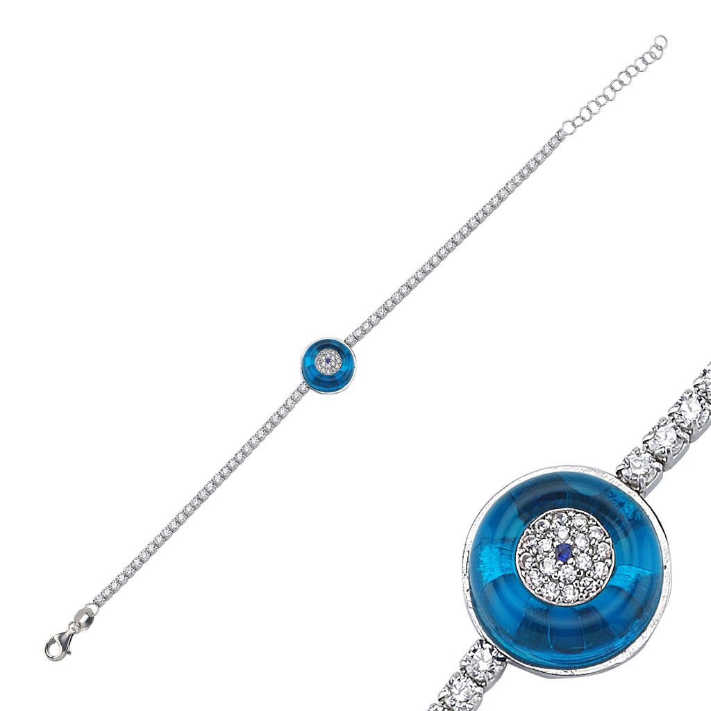 Trendy Tennis Chain Blue Round Stone Bracelet  925 Crt Sterling Silver Gold Plated Handcraft Wholesale Turkish Jewelry