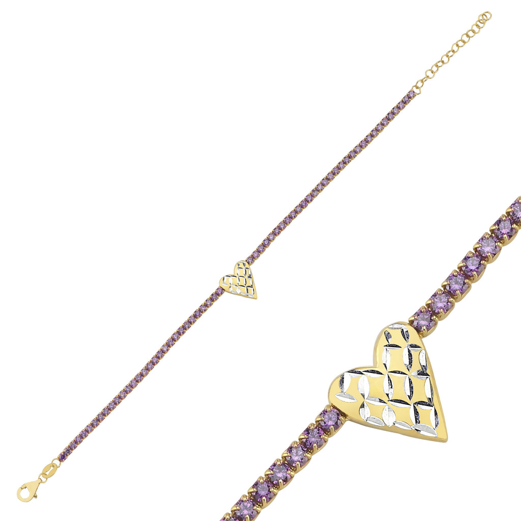 Trendy Purple Tennis Chain Heart Bracelet 925 Crt Sterling Silver Gold Plated Handcraft Wholesale Turkish Jewelry