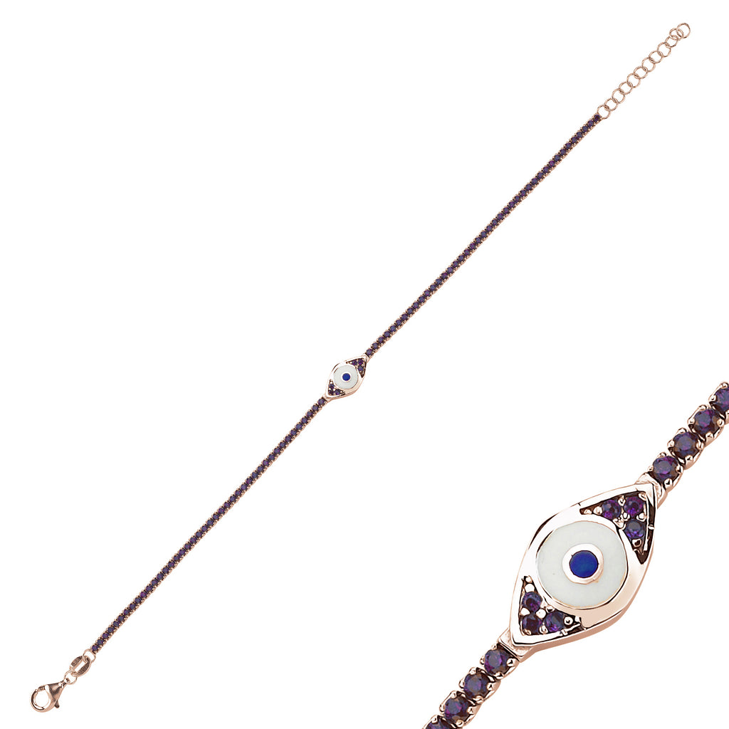 Trendy Navy Blue Tennis Chain White Enamel Eye Bracelet 925 Crt Sterling Silver Gold Plated Handcraft Wholesale Turkish Jewelry