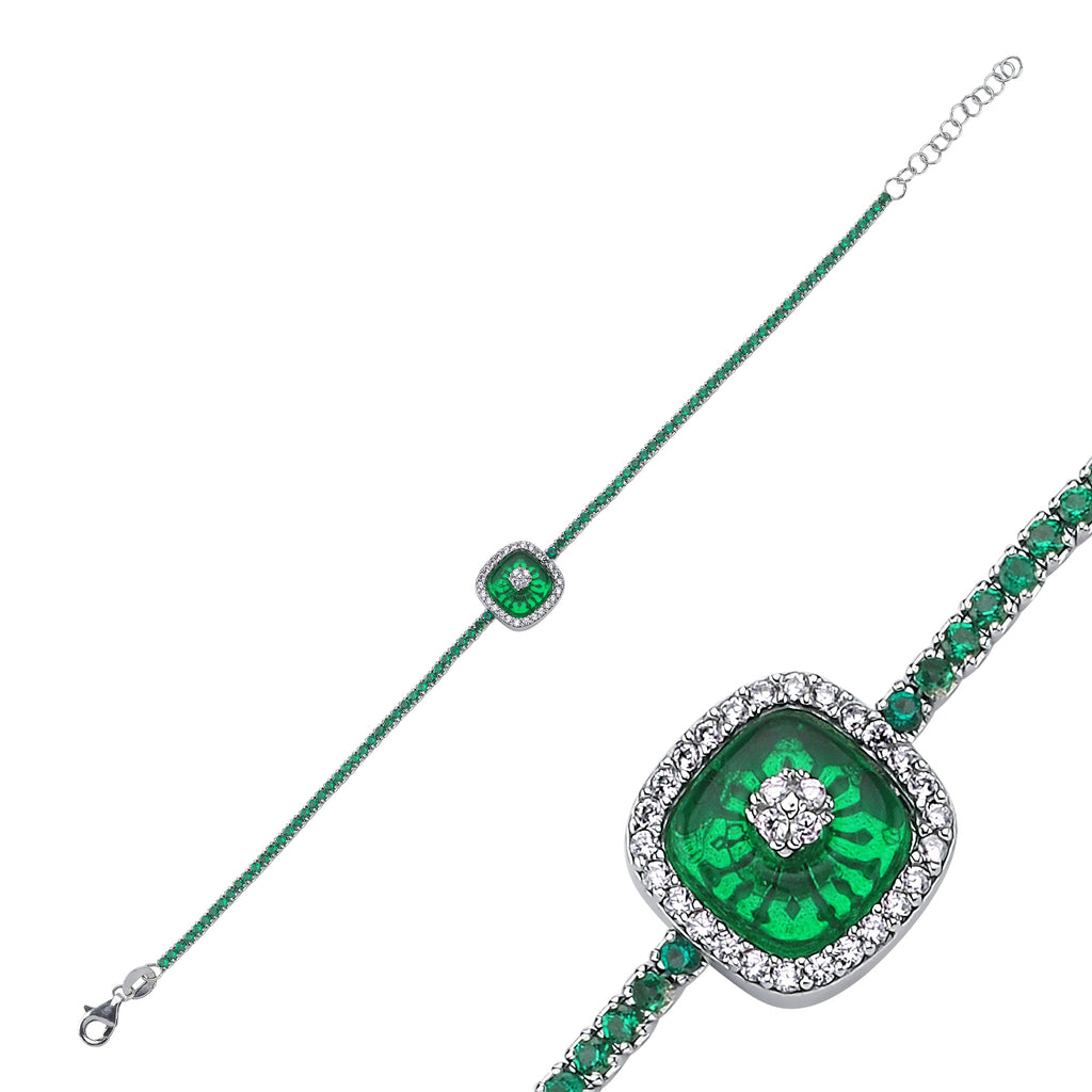 Trendy Green Tennis Chain Green Square Stone Bracelet  925 Crt Sterling Silver Gold Plated Handcraft Wholesale Turkish Jewelry