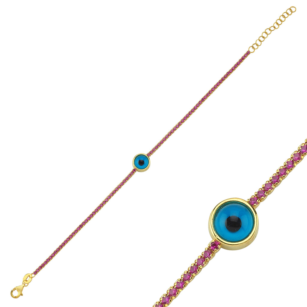 Trendy Pink Tennis Chain Evileye Stone Bracelet 925 Crt Sterling Silver Gold Plated Handcraft Wholesale Turkish Jewelry