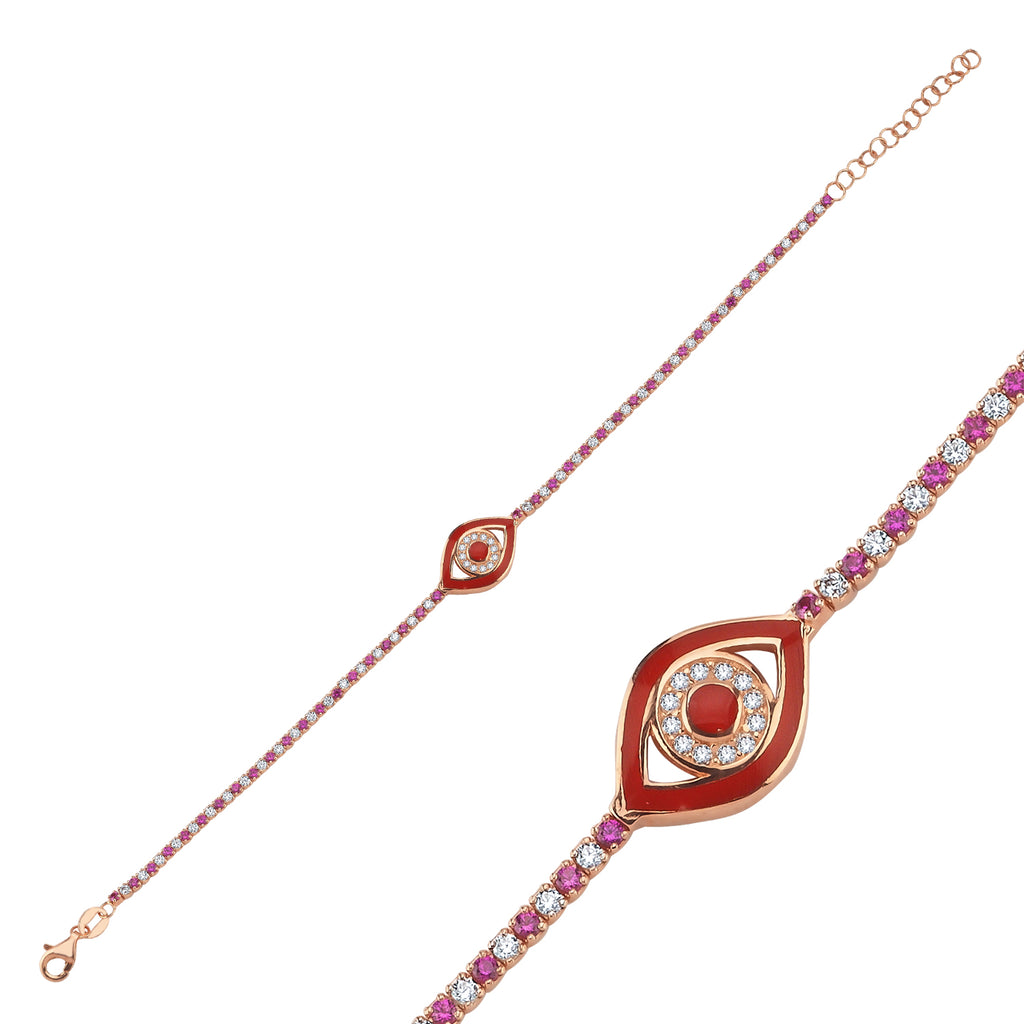 Trendy Tennis Chain Red Enamel Eye Bracelet  925 Crt Sterling Silver Gold Plated Handcraft Wholesale Turkish Jewelry