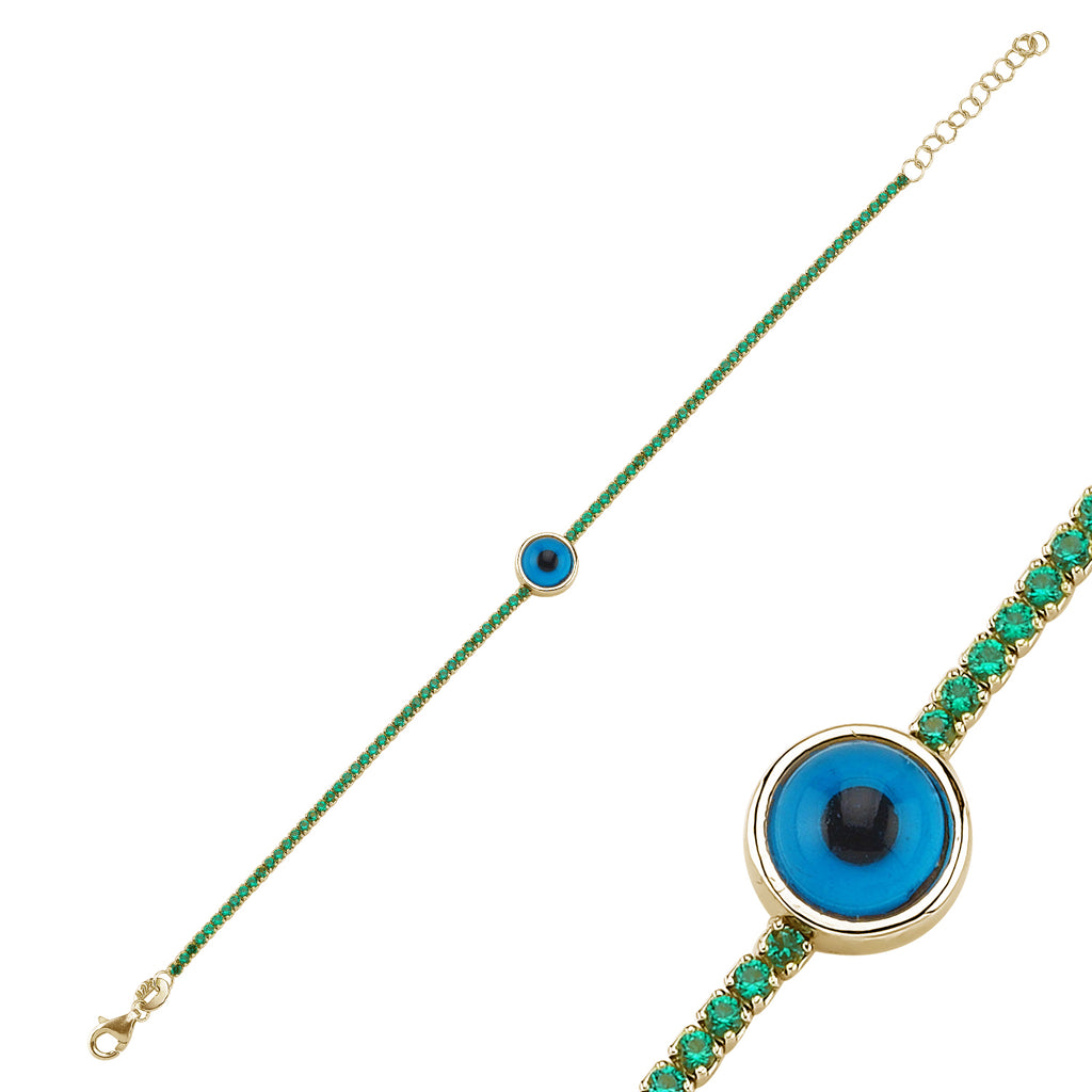 Trendy Green Tennis Chain Evileye Bracelet 925 Crt Sterling Silver Gold Plated Handcraft Wholesale Turkish Jewelry