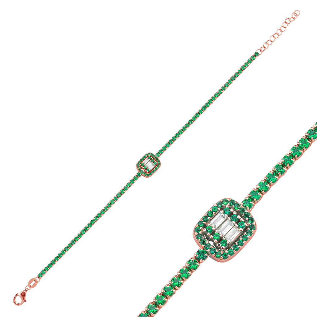 Trendy Green Tennis Chain Baqutte Stone Bar Bracelet 925 Crt Sterling Silver Gold Plated Handcraft Wholesale Turkish Jewelry