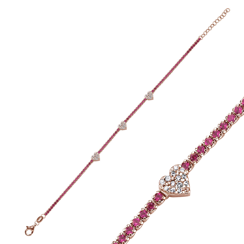 Trendy Pink Tennis Chain Zirconia Heart Bracelet 925 Crt Sterling Silver Gold Plated Handcraft Wholesale Turkish Jewelry