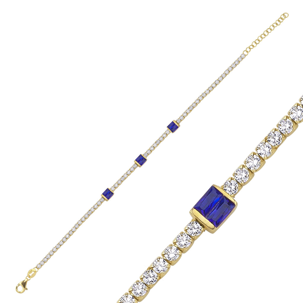 Trendy Tennis Chain Blue Baquette Stone Bar Bracelet 925 Crt Sterling Silver Gold Plated Handcraft Wholesale Turkish Jewelry