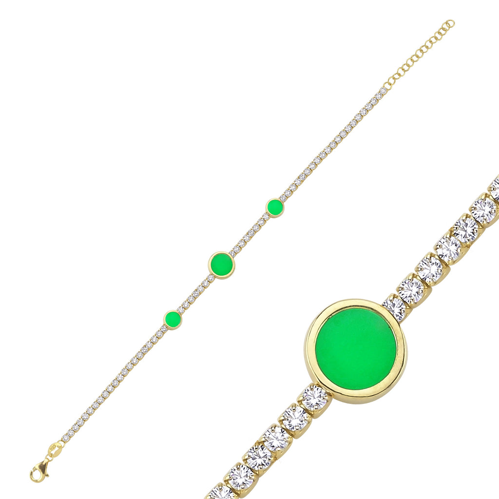 Trendy Tennis Chain Green Enamel Rounds Bracelet 925 Crt Sterling Silver Gold Plated Handcraft Wholesale Turkish Jewelry