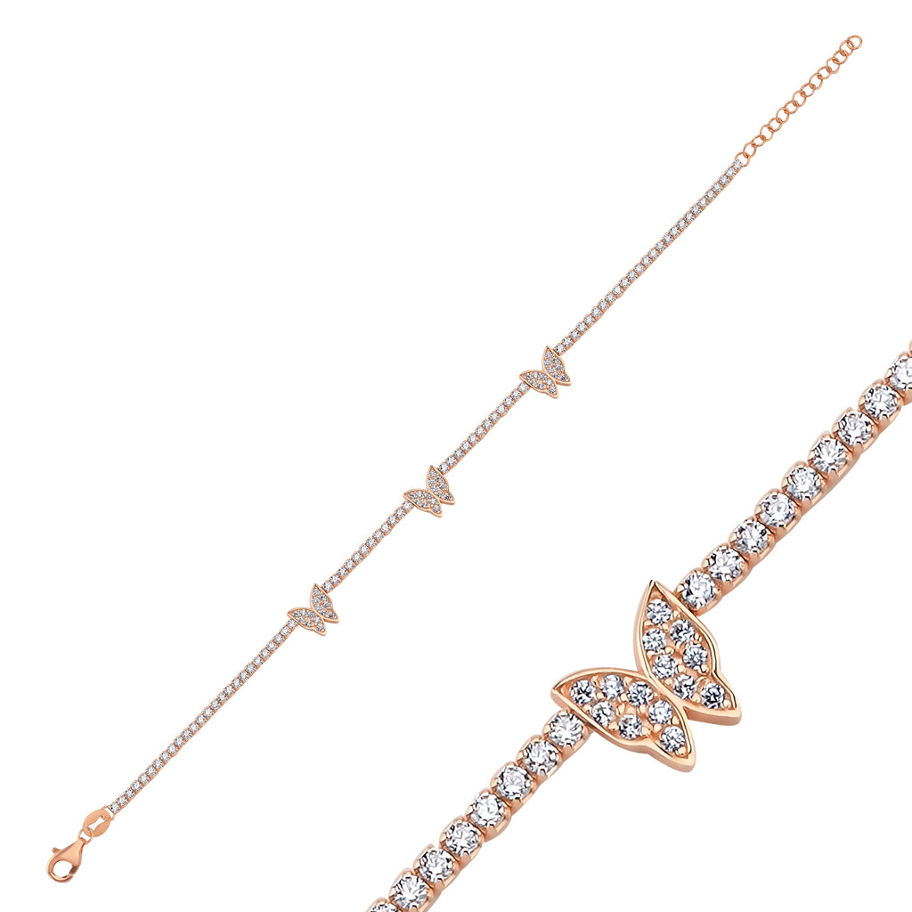 Trendy Zirconia Butterfly Tennis Chian Bracelet 925 Crt Sterling Silver Gold Plated Handcraft Wholesale Turkish Jewelry