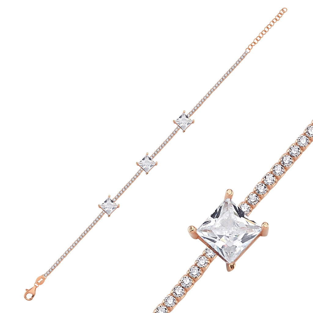 Trendy Tennis Chain Square Cut Stones Bracelet 925 Crt Sterling Silver Gold Plated Handcraft Wholesale Turkish Jewelry