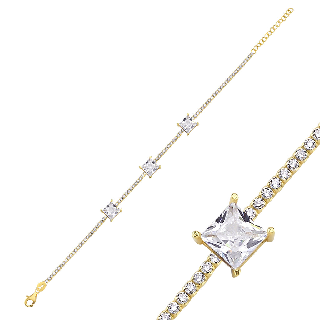 Trendy Tennis Chain Square Cut Stones Bracelet 925 Crt Sterling Silver Gold Plated Handcraft Wholesale Turkish Jewelry