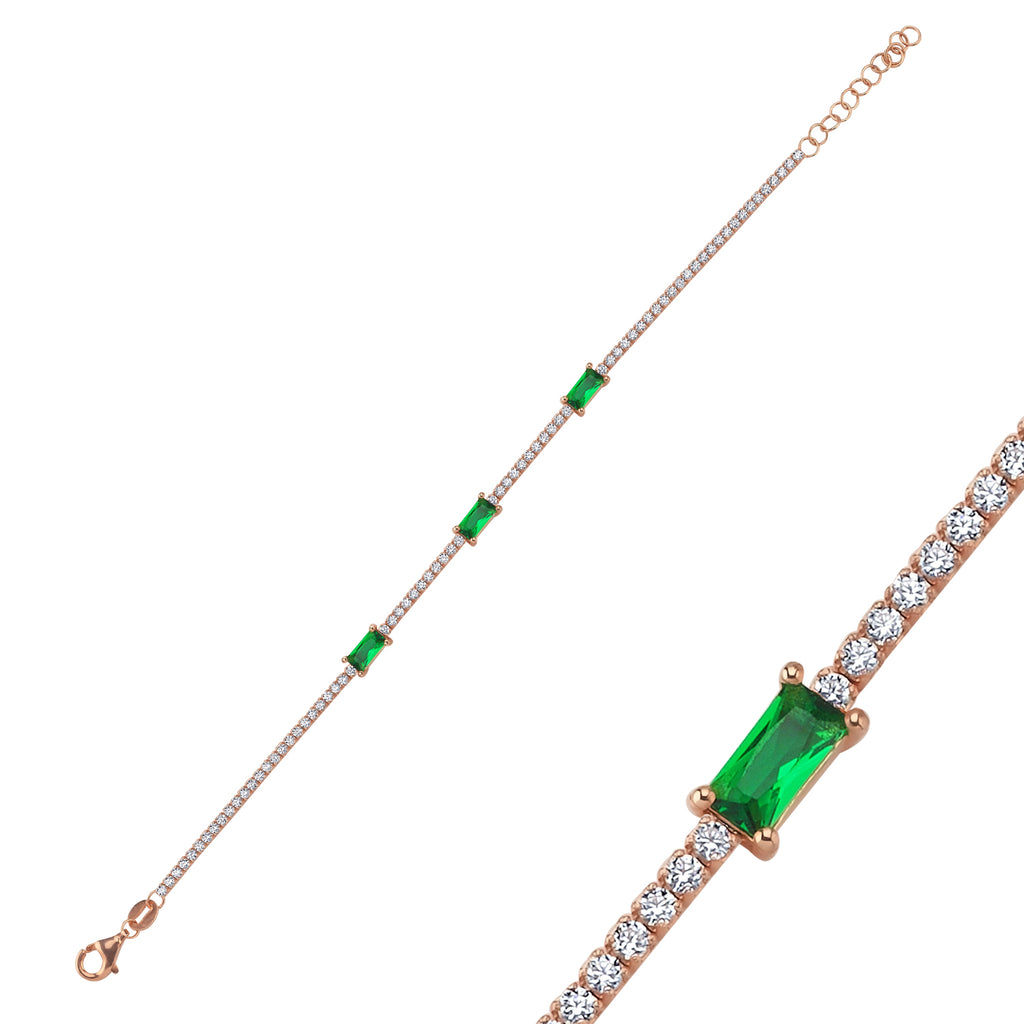 Trendy Tennis Chain Green Baquette Stones Bracelet  925 Crt Sterling Silver Gold Plated Handcraft Wholesale Turkish Jewelry