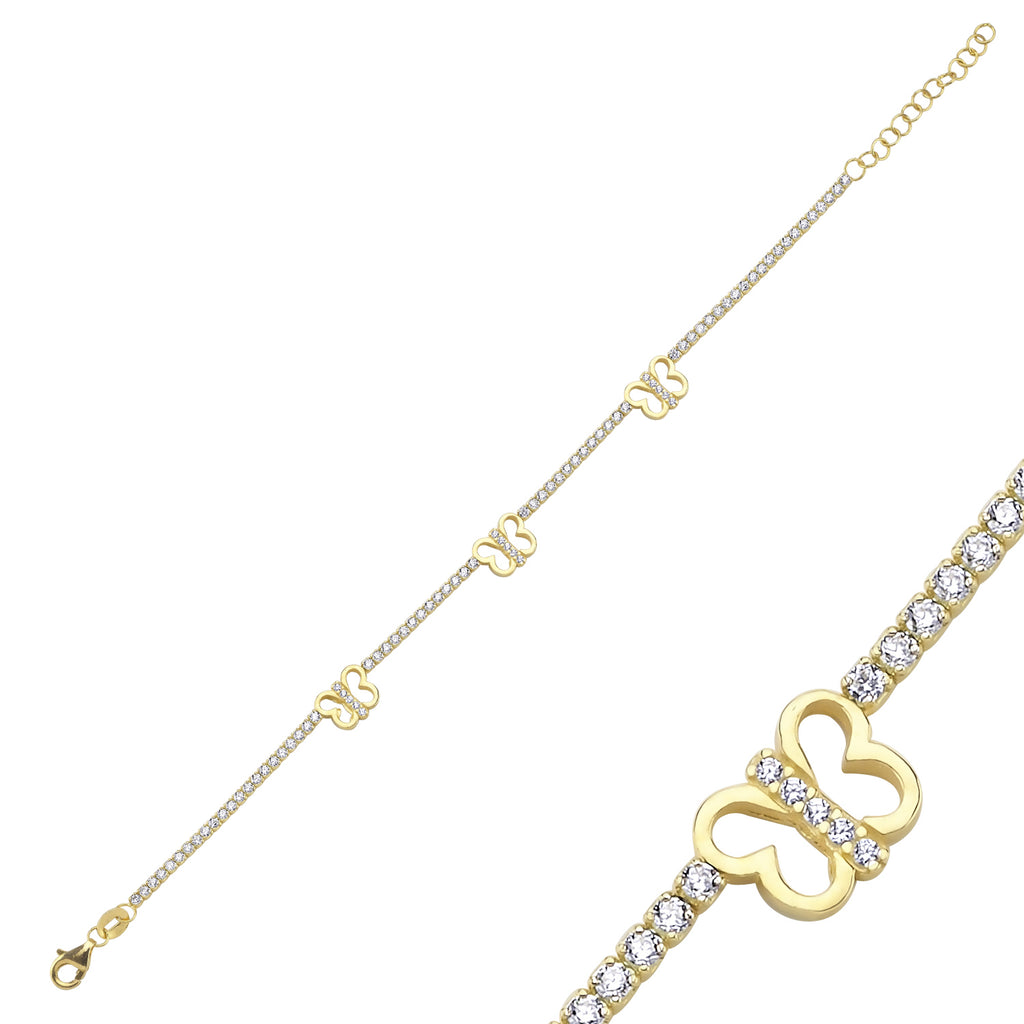 Trendy Tennis Chain Butterfly Bracelet  925 Crt Sterling Silver Gold Plated Handcraft Wholesale Turkish Jewelry
