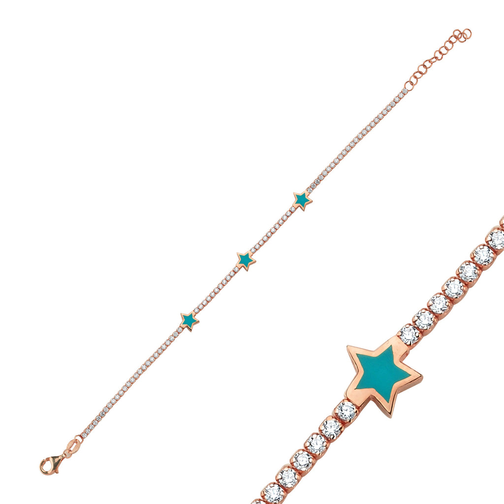 Trendy Tennis Chain Turquoise Enamel Star Bracelet 925 Crt Sterling Silver Gold Plated Handcraft Wholesale Turkish Jewelry