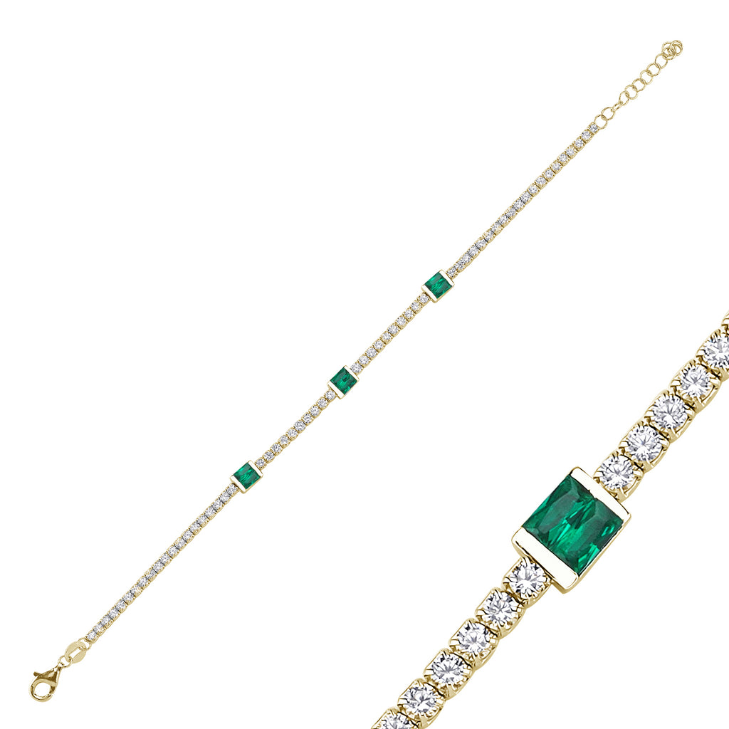 Trendy Tennis Chain Green Baquette Stone Bar Bracelet 925 Crt Sterling Silver Gold Plated Handcraft Wholesale Turkish Jewelry