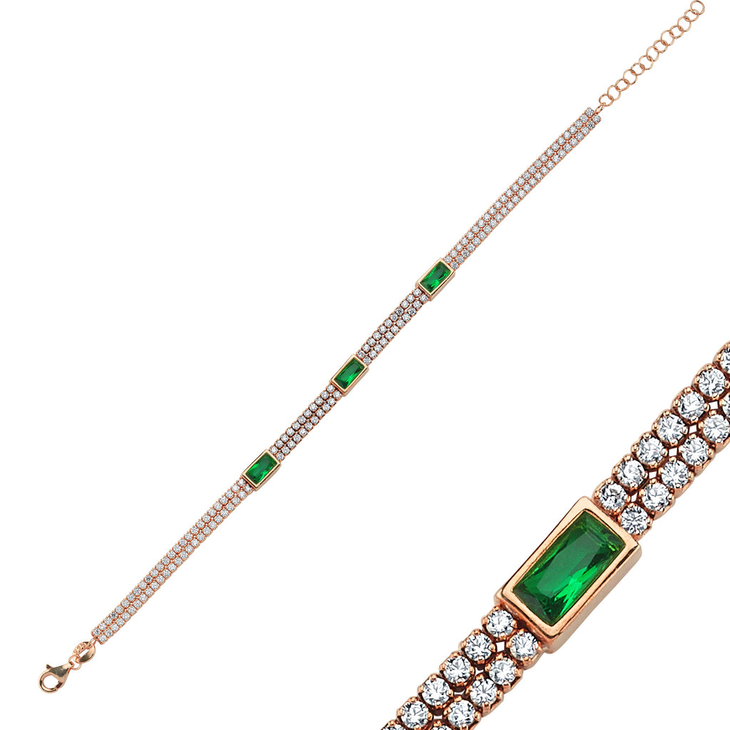 Trendy Double Tennis Chain Green Baquette Stone Bracelet 925 Crt Sterling Silver Gold Plated Handcraft Wholesale Turkish Jewelry