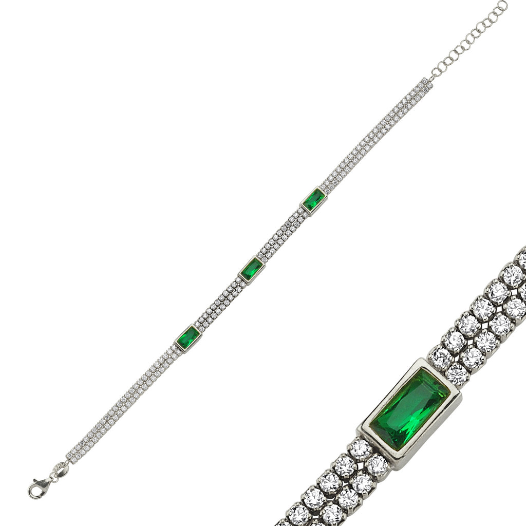 Trendy Double Tennis Chain Green Baquette Stone Bracelet 925 Crt Sterling Silver Gold Plated Handcraft Wholesale Turkish Jewelry