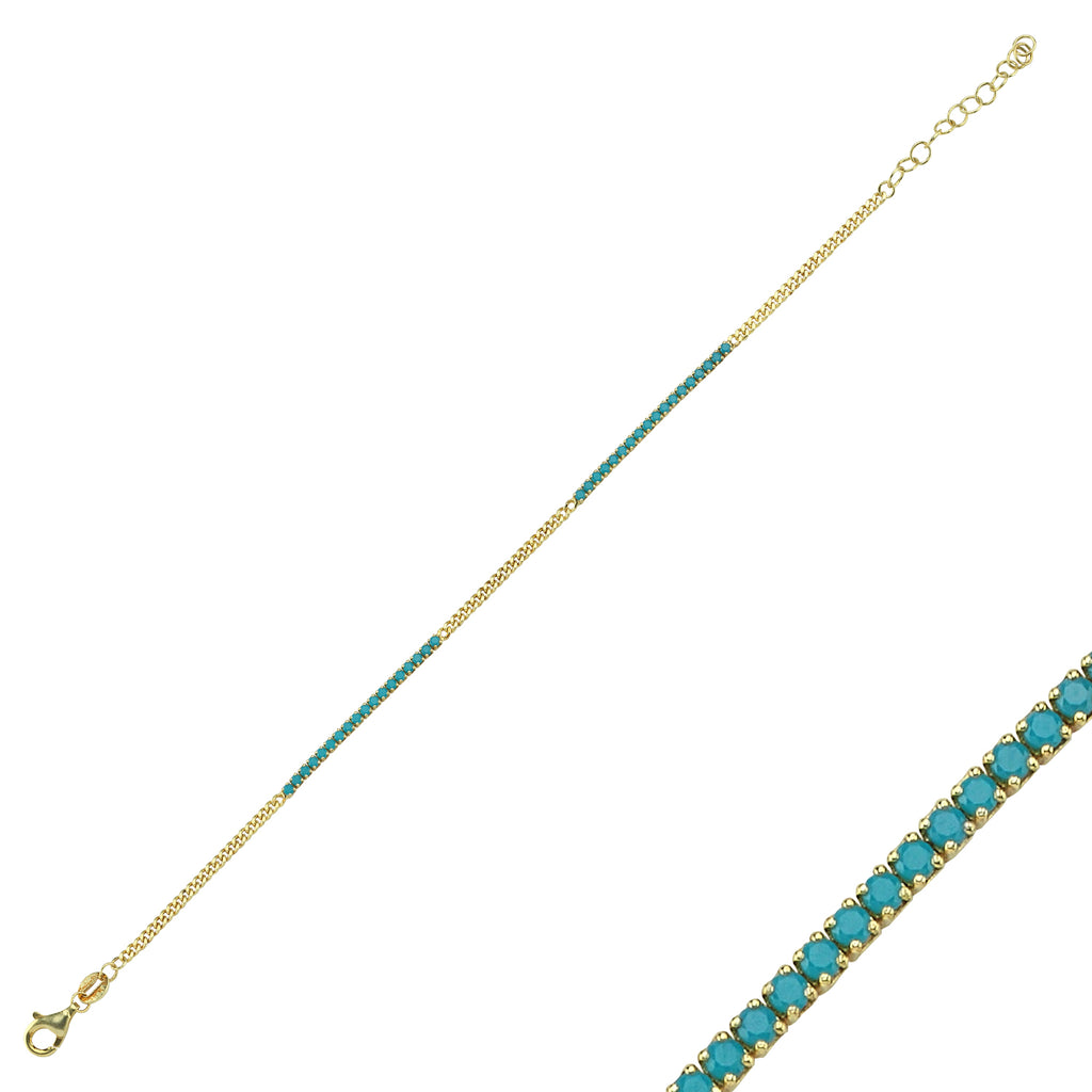 Trendy Turquoise Tennis Chain Bar Bracelet 925 Crt Sterling Silver Gold Plated Handcraft Wholesale Turkish Jewelry