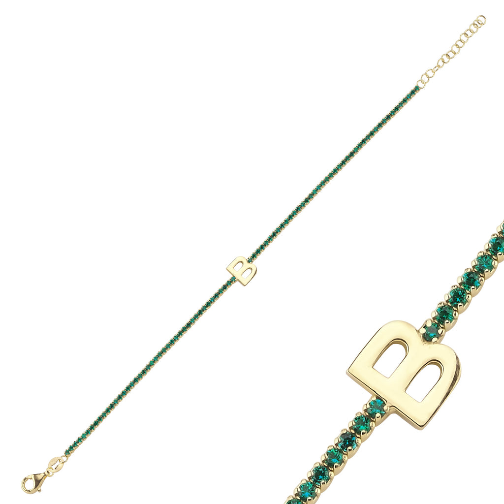 Trendy Green Tennis Chain Inital B Bracelet 925 Crt Sterling Silver Gold Plated Handcraft Wholesale Turkish Jewelry