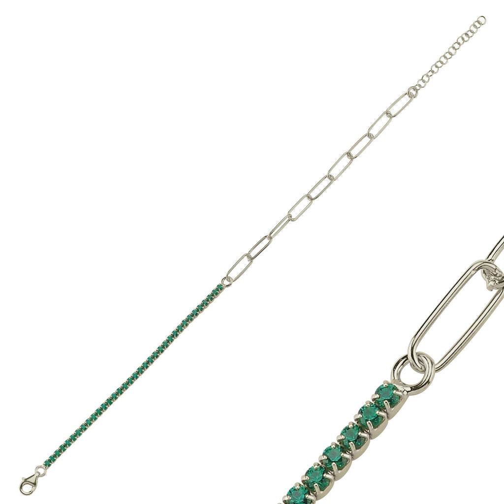 Trendy Half Green Tennis Chain Half Chunky Chain Bracelet 925 Crt Sterling Silver Gold Plated Handcraft Wholesale Turkish Jewelry