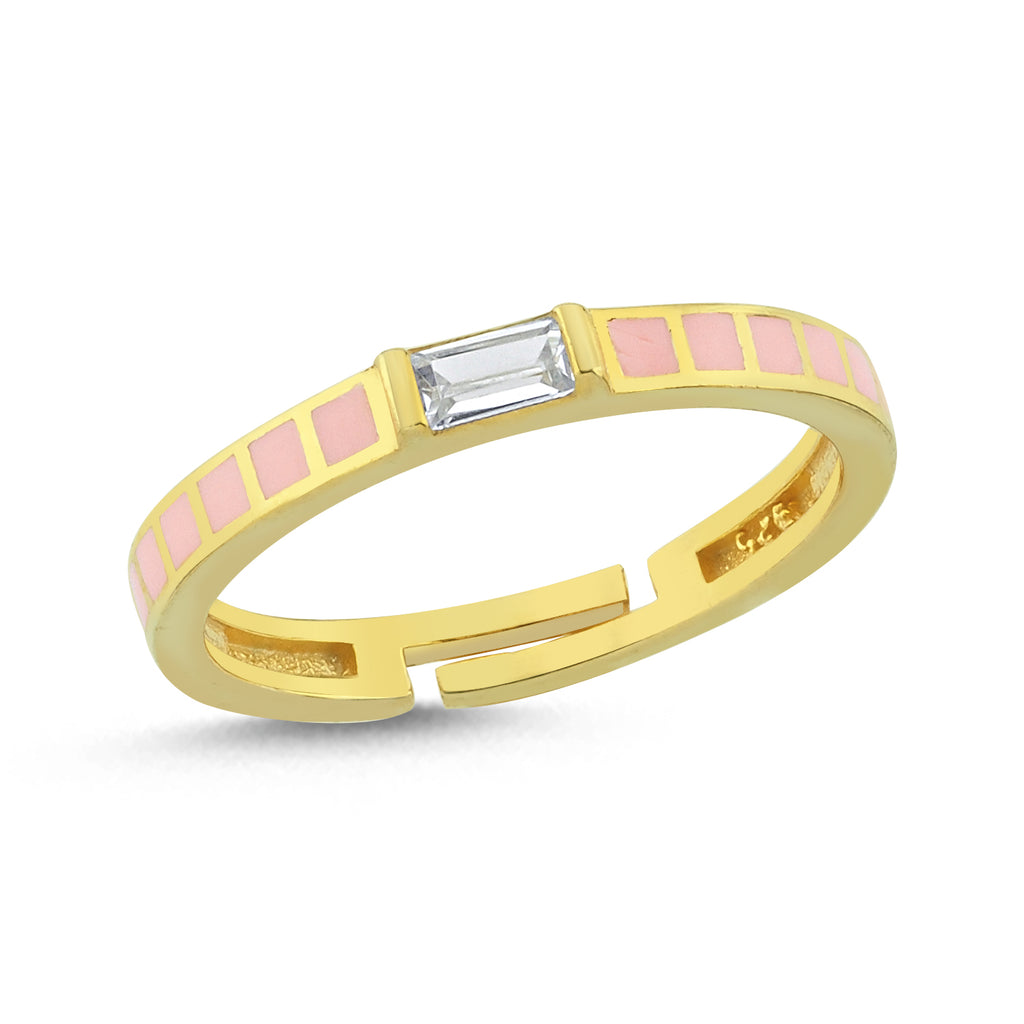 Trendy Pink Enamel Baquette Stone Ring 925 Crt Sterling Silver Gold Plated Handcraft Wholesale Turkish Jewelry