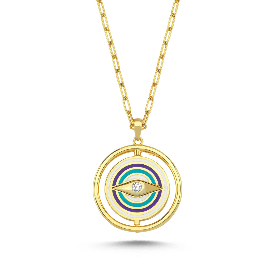 Trendy Zirconia Enamel Eye Medallion Necklace  925 Crt Sterling Silver Gold Plated Handcraft Wholesale Turkish Jewelry