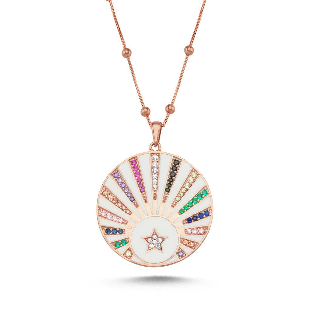 Trendy Colorful Zirconia Medallion Star Necklace 925 Crt Sterling Silver Gold Plated Handcraft Wholesale Turkish Jewelry