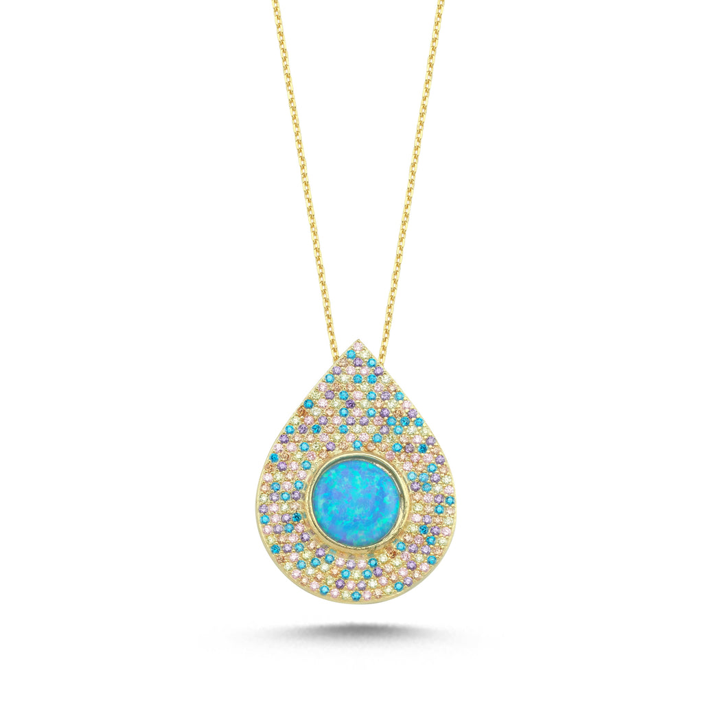Trendy Colorful Zirconia Blue Opal Stone Drop Necklace 925 Crt Sterling Silver Gold Plated Handcraft Wholesale Turkish Jewelry