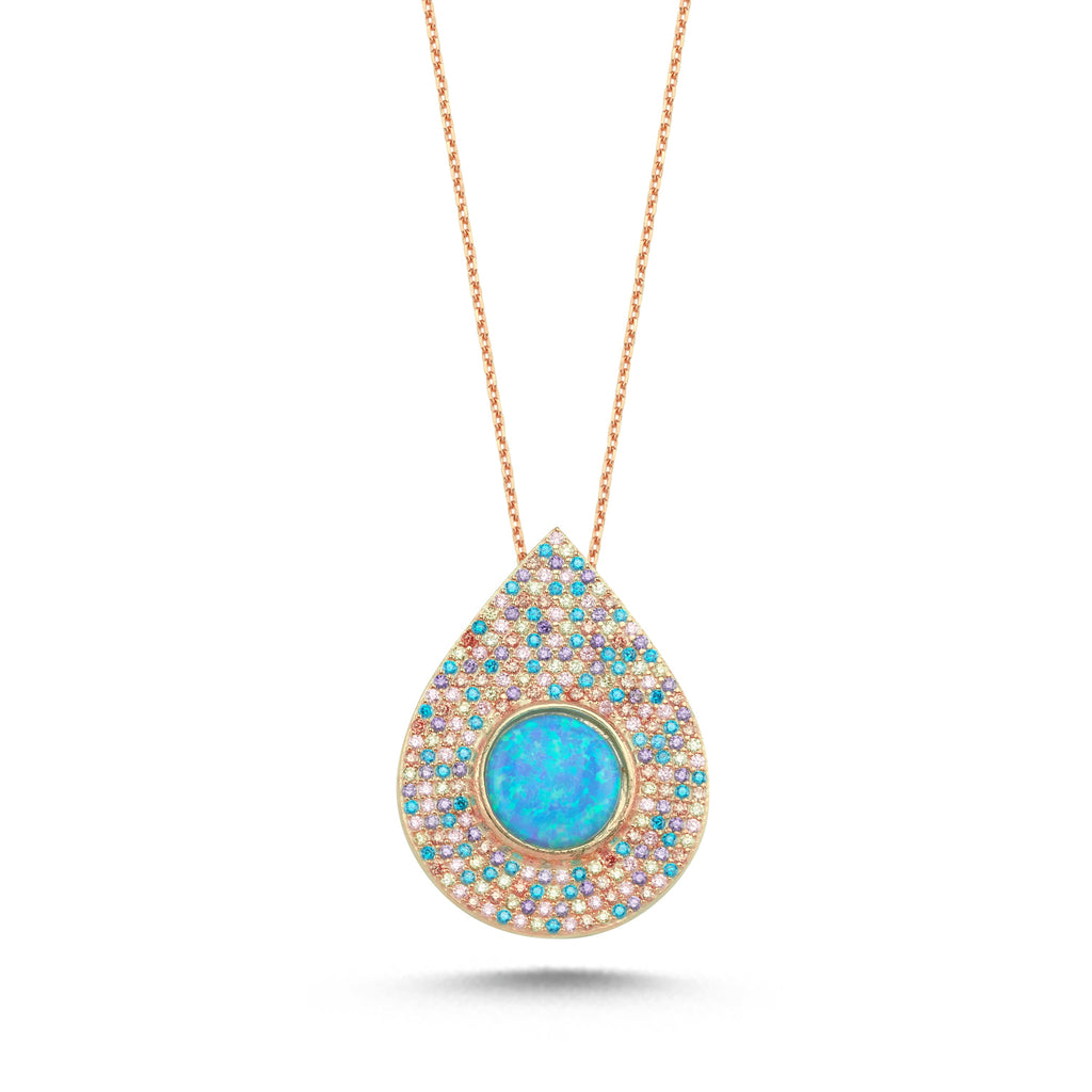 Trendy Colorful Zirconia Blue Opal Stone Drop Necklace 925 Crt Sterling Silver Gold Plated Handcraft Wholesale Turkish Jewelry