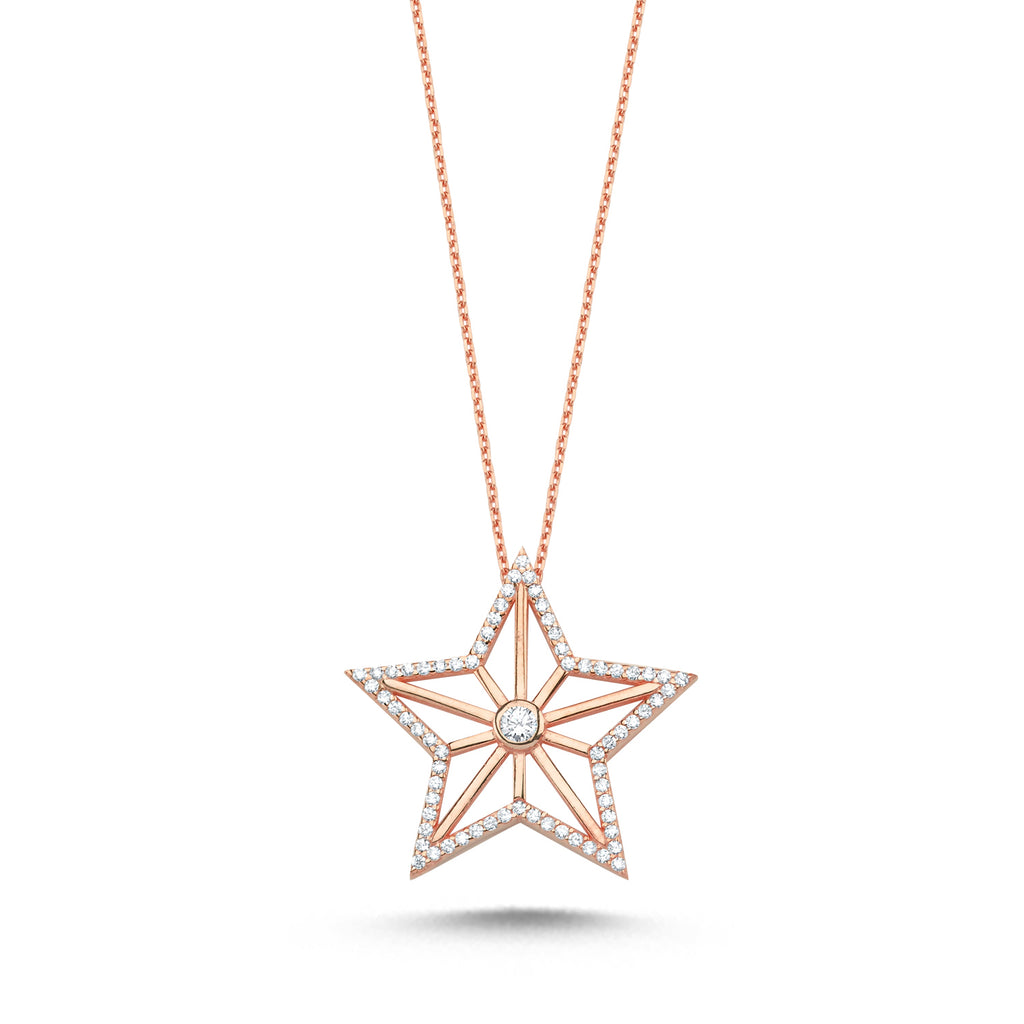 Trendy Zirconia Star Necklace  925 Crt Sterling Silver Gold Plated Handcraft Wholesale Turkish Jewelry