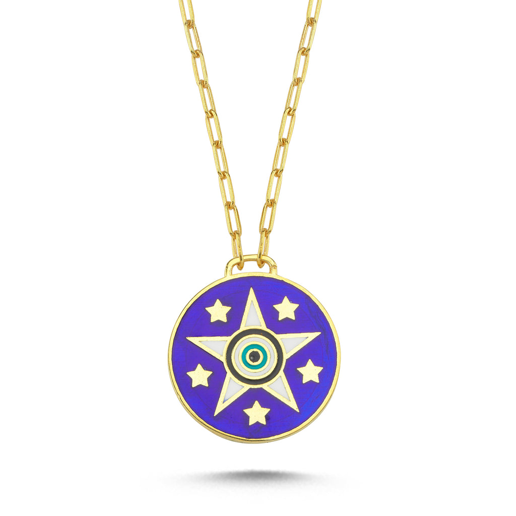 Trendy Round Medallion Star on Evil Eye Necklace 925 Crt Sterling Silver Gold Plated Handcraft Wholesale Turkish Jewelry