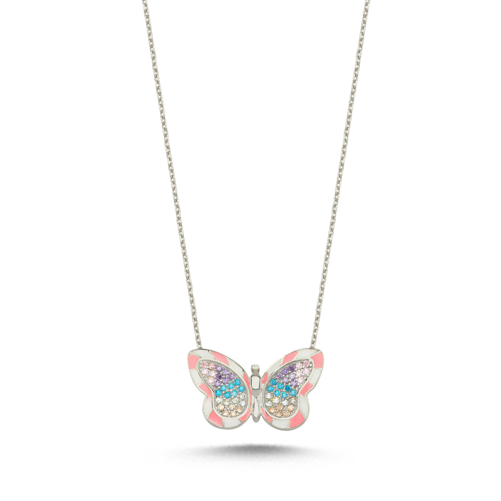 Trendy Colorful Zirconia Butterfly Necklace  925 Crt Sterling Silver Gold Plated Handcraft Wholesale Turkish Jewelry