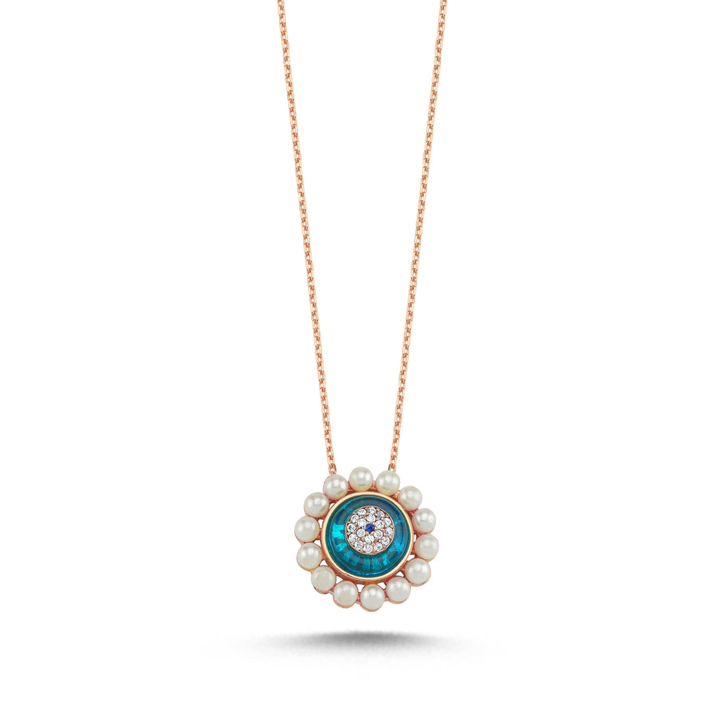 Trendy Blue Round Stone Evileye Pearl Necklace 925 Crt Sterling Silver Gold Plated Handcraft Wholesale Turkish Jewelry