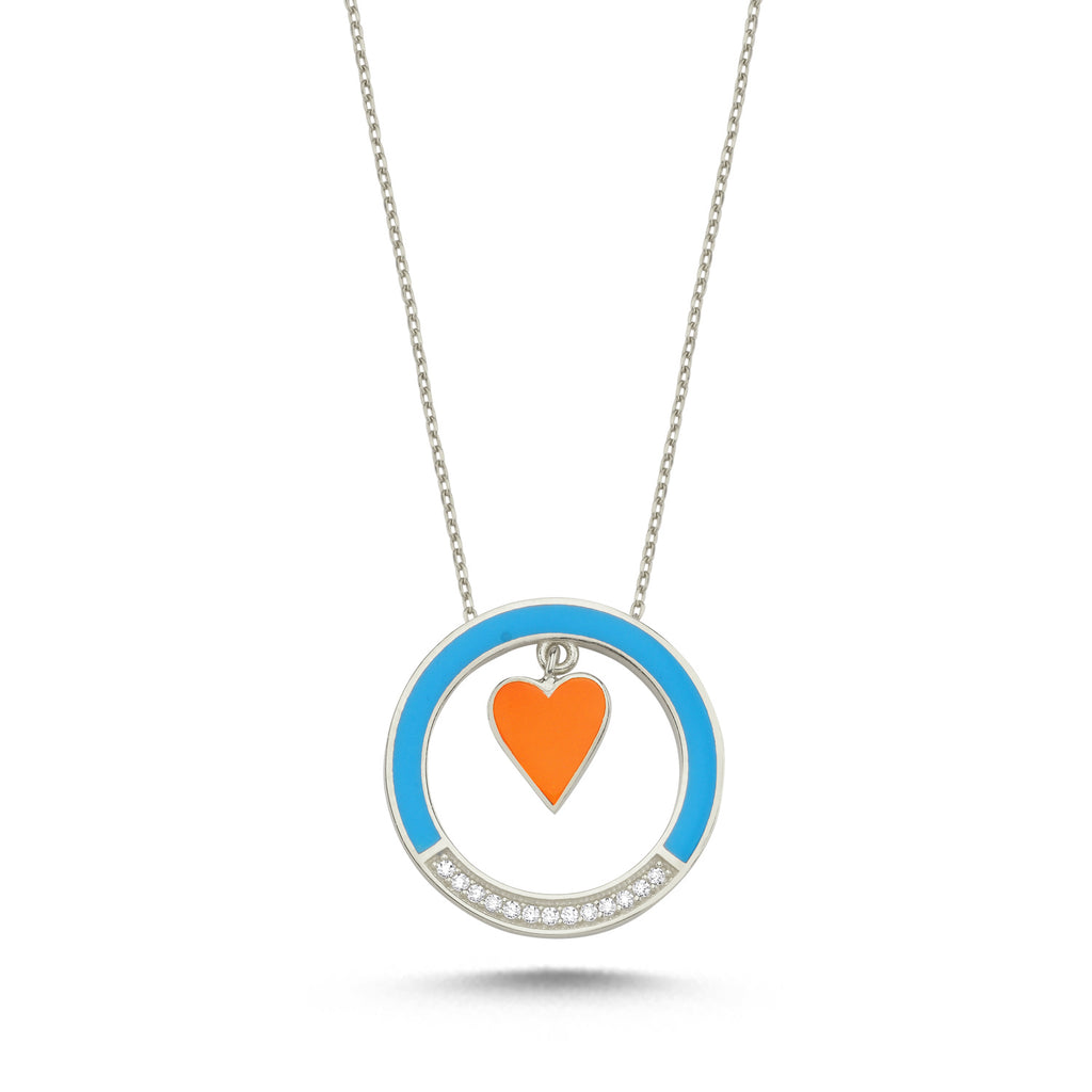 Trendy Zirconia Turquoise Enamel Round on Coral Enamel Heart Necklace 925 Crt Sterling Silver Gold Plated Handcraft Wholesale