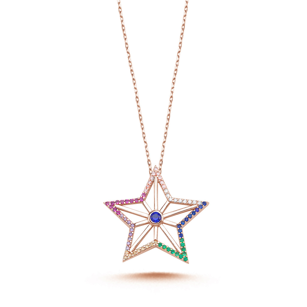 Trendy Colorful Zirconia Star Necklace 925 Crt Sterling Silver Gold Plated Handcraft Wholesale Turkish Jewelry