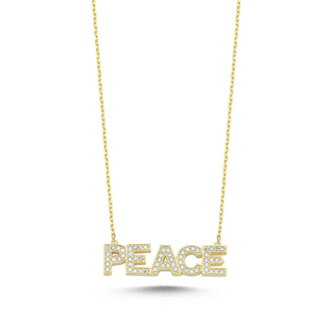 Trendy Zirconia Motto PEACE Necklace 925 Crt Sterling Silver Gold Plated Handcraft Wholesale Turkish Jewelry