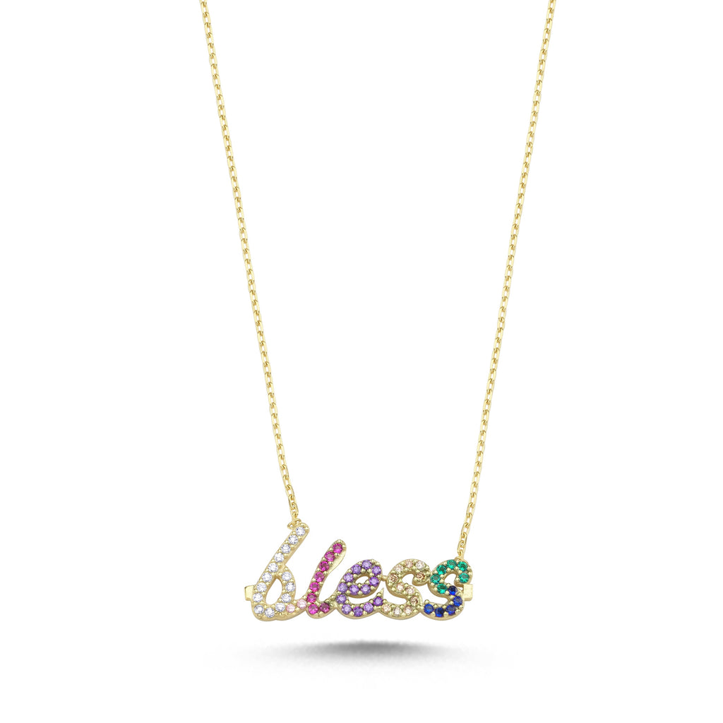 Trendy Colorful Zirconia Motto Bless Necklace 925 Crt Sterling Silver Gold Plated Handcraft Wholesale Turkish Jewelry
