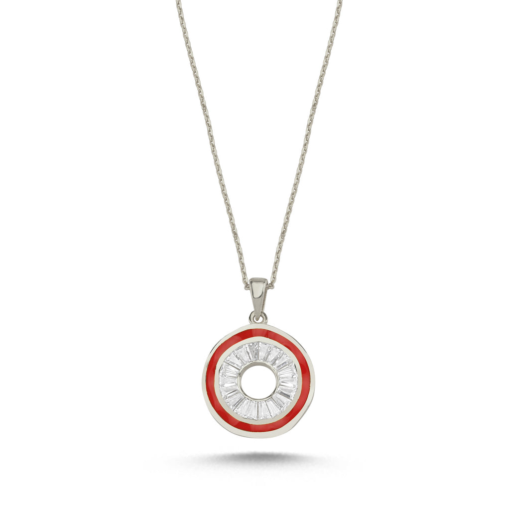 Trendy Red Enamel Trilland Stone Round Medallion Necklace 925 Crt Sterling Silver Gold Plated Handcraft Wholesale Turkish Jewelr