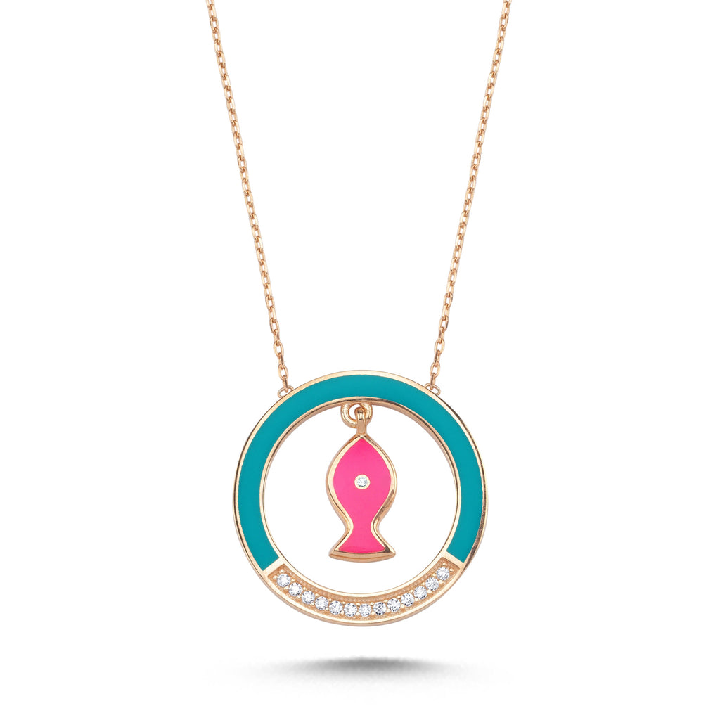 Trendy Zirconia Turquoise Enamel Round Medallion on Pink Enamel Fish Necklace 925 Crt Sterling Silver Gold Plated Handcraft Whol