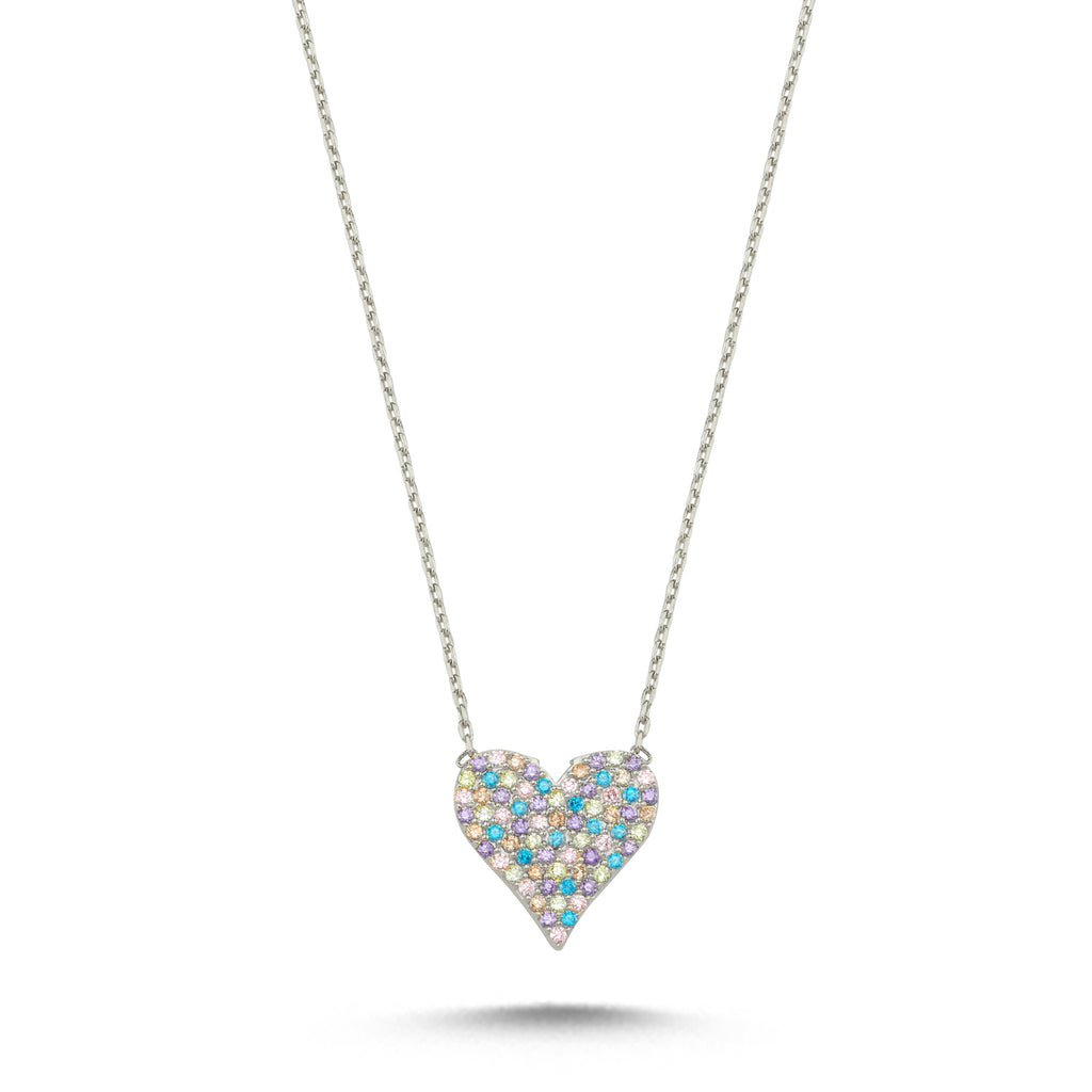 Trendy Colorful Zirconia Heart Necklace 925 Crt Sterling Silver Gold Plated Handcraft Wholesale Turkish Jewelry