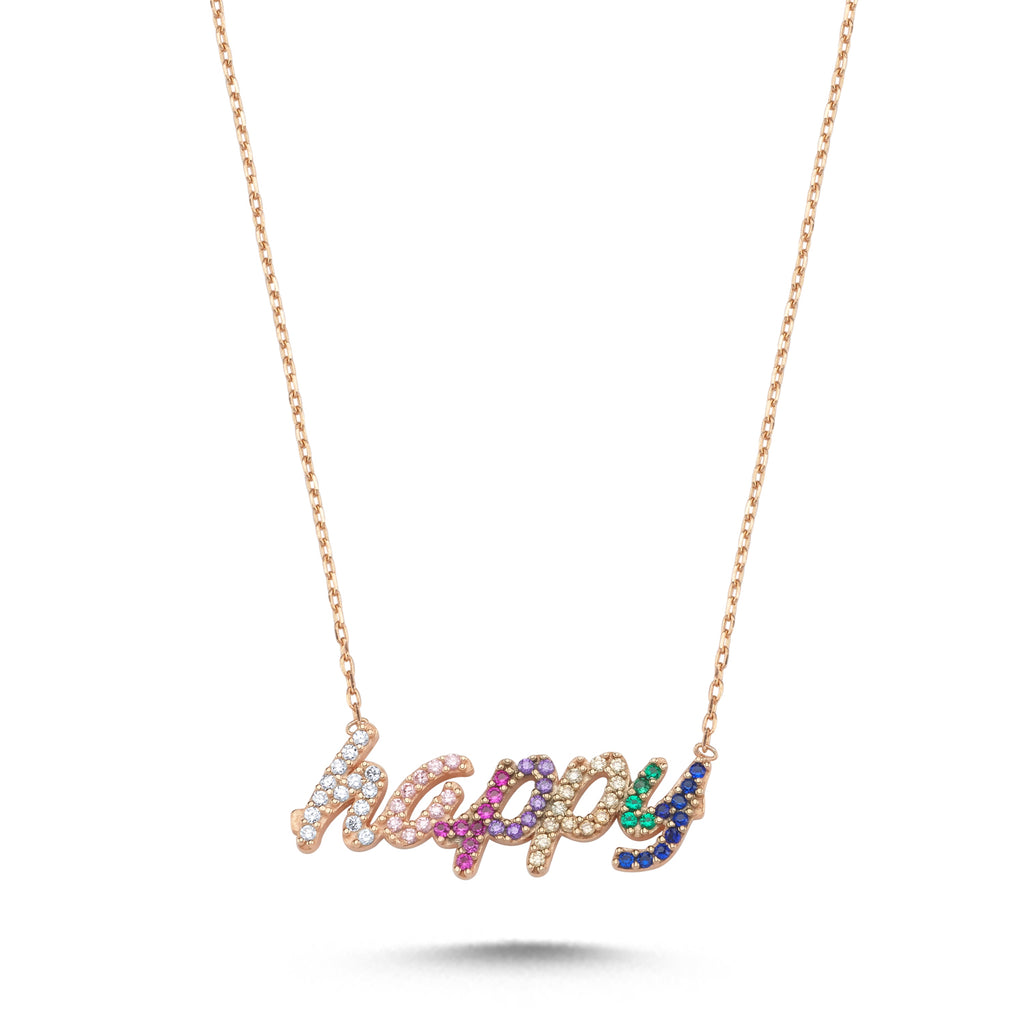 Trendy Colorful Zirconia Motto Happy Necklace  925 Crt Sterling Silver Gold Plated Handcraft Wholesale Turkish Jewelry