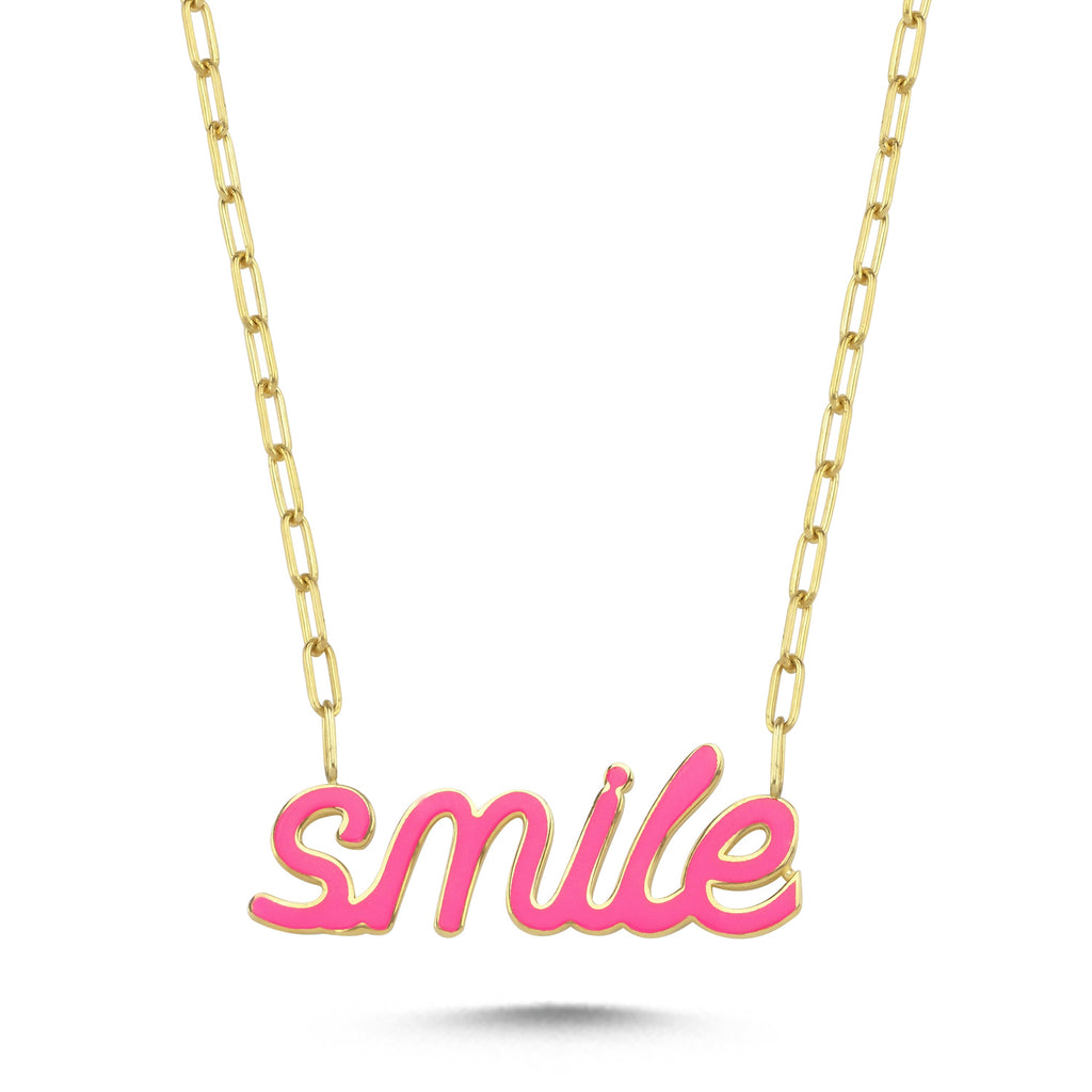 Trendy Pink Enamel Motto Smile Necklace 925 Crt Sterling Silver Gold Plated Handcraft Wholesale Turkish Jewelry