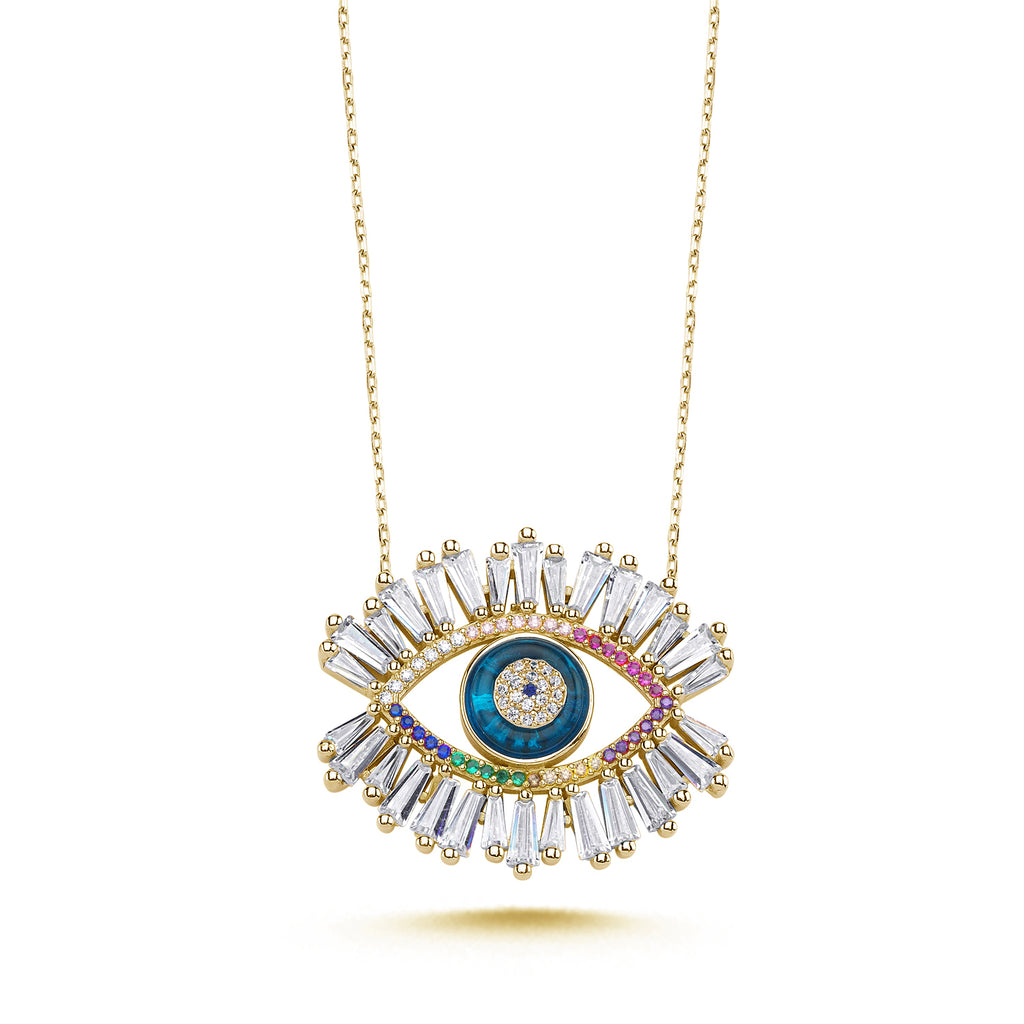 Trendy Zirconia Evileye Lash Necklace 925 Crt Sterling Silver Gold Plated Handcraft Wholesale Turkish Jewelry
