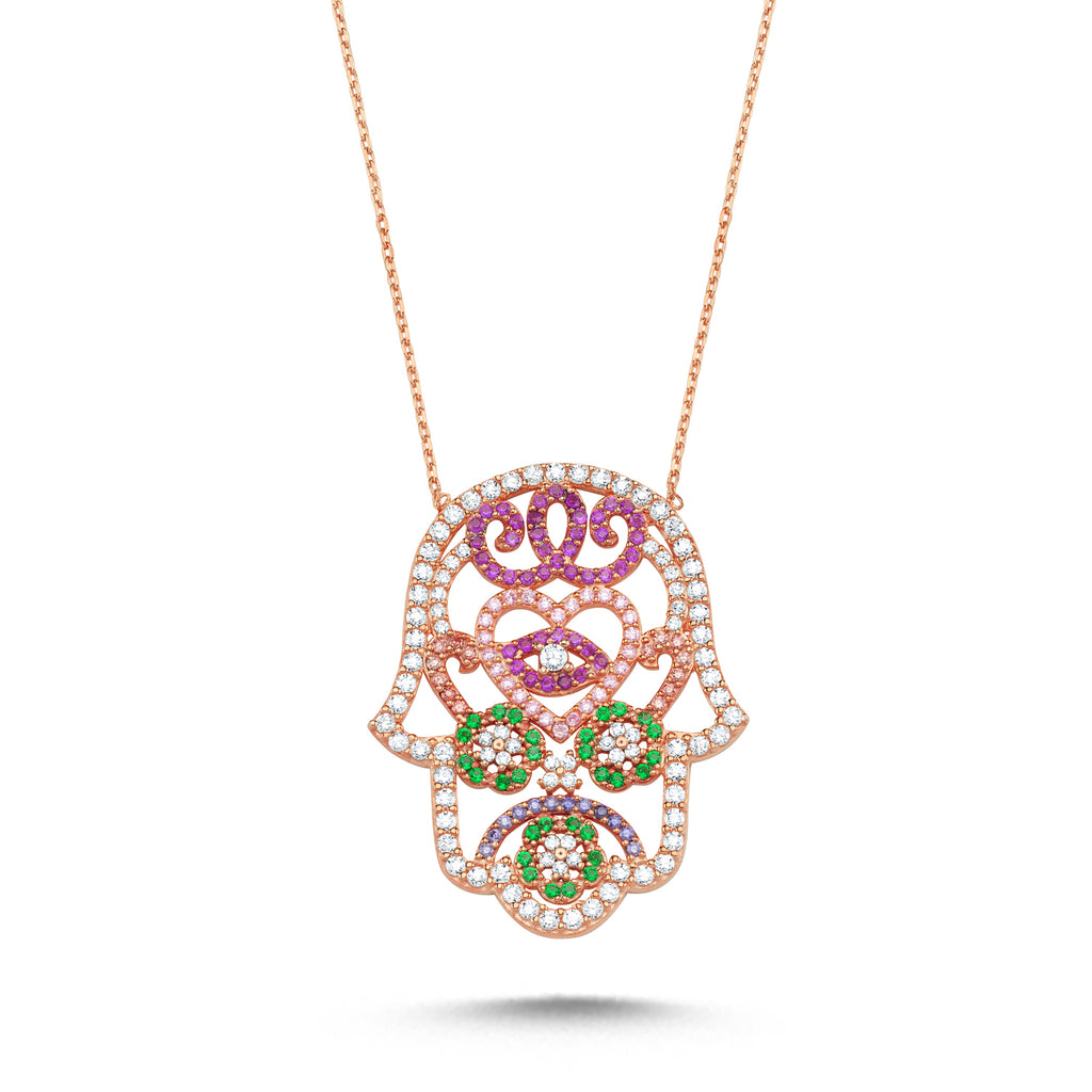 Trendy Colorful Zirconia Hamsa Necklace 925 Crt Sterling Silver Gold Plated Handcraft Wholesale Turkish Jewelry
