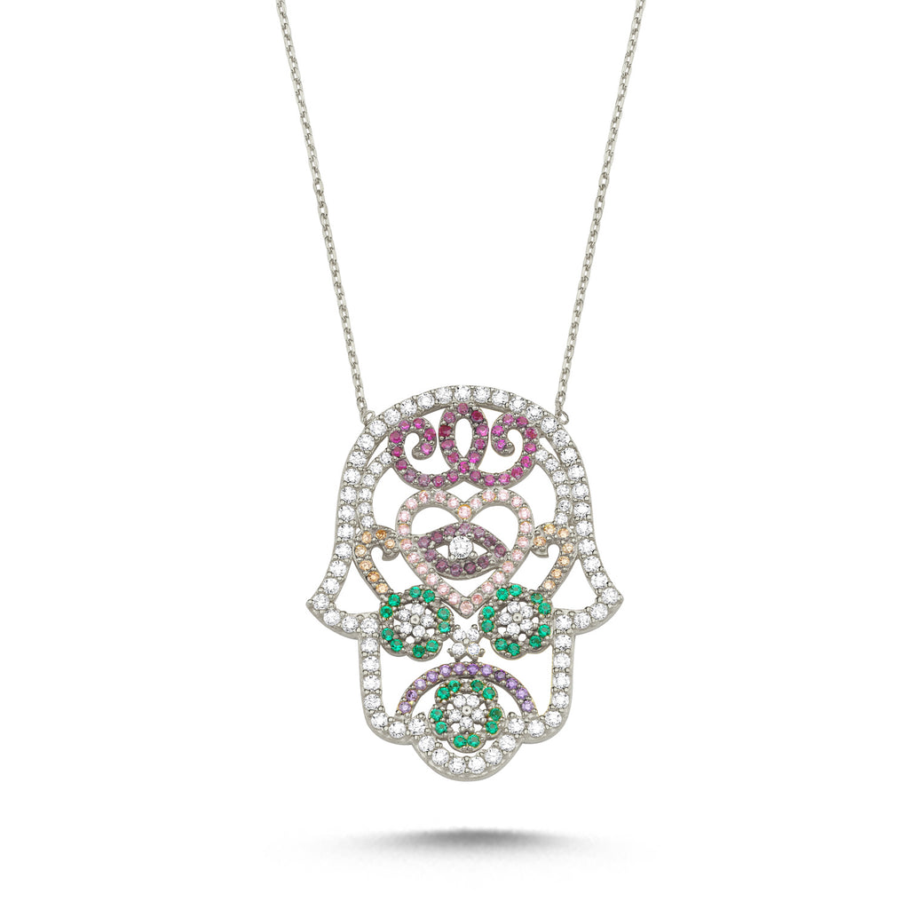Trendy Colorful Zirconia Hamsa Necklace 925 Crt Sterling Silver Gold Plated Handcraft Wholesale Turkish Jewelry