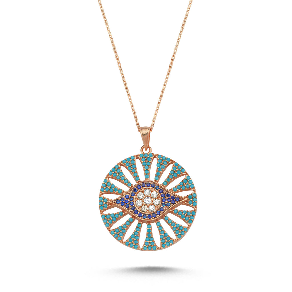 Trendy Colorful Zirconia Eye Medallion Necklace 925 Crt Sterling Silver Gold Plated Handcraft Wholesale Turkish Jewelry