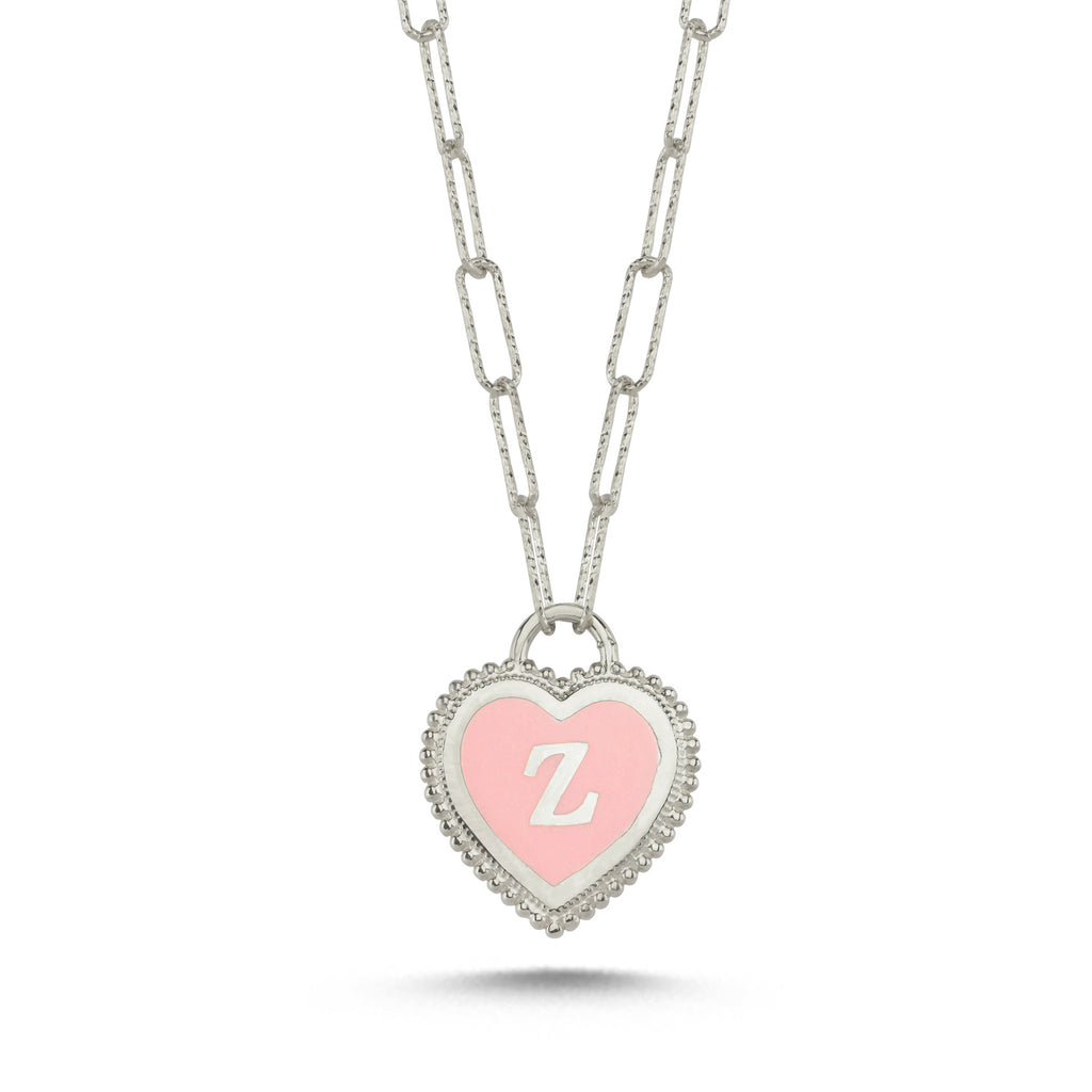 Trendy Heart on Inital Z Pink Enamel Necklace 925 Crt Sterling Silver Gold Plated Handcraft Wholesale Turkish Jewelry
