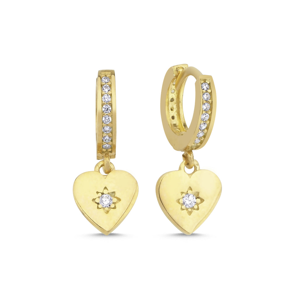 Trendy Zirconia Heart Hoop Earring 925 Crt Sterling Silver Gold Plated Handcraft Wholesale Turkish Jewelry