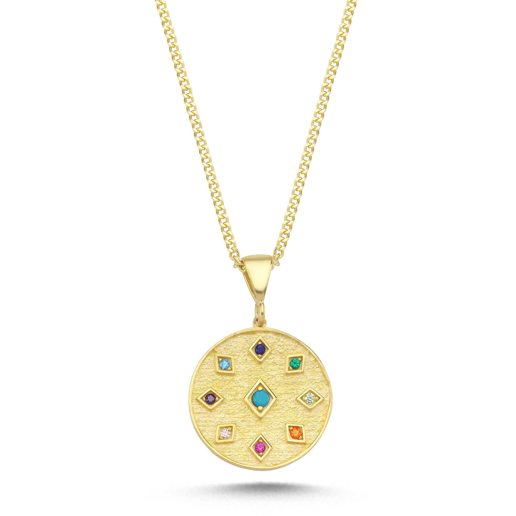 Gourmet Chain Colorful Zirconia Antique Coin Necklace 925 Sterling Silver Gold Plated Handcraft Wholesale Turkish Jewelry