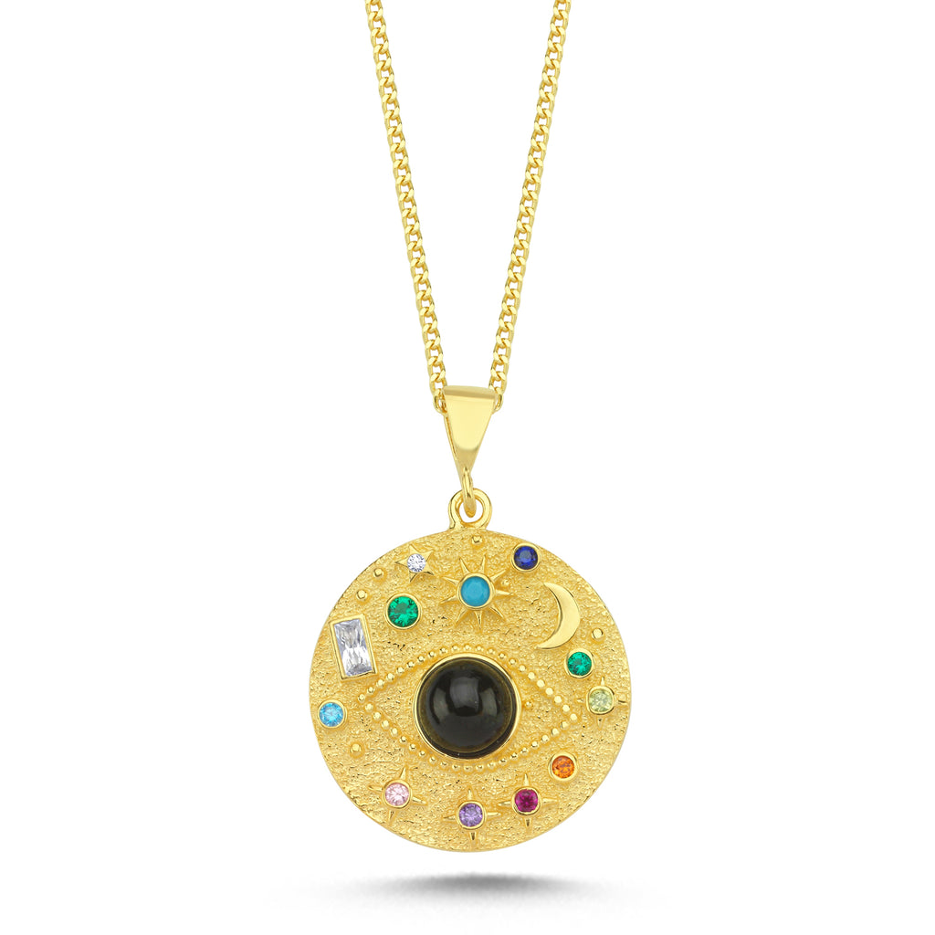 Gourmet Chain Colorful Zirconia Antique Coin On Eye Necklace 925 Sterling Silver Gold Plated Handcraft Wholesale Turkish Jewelry